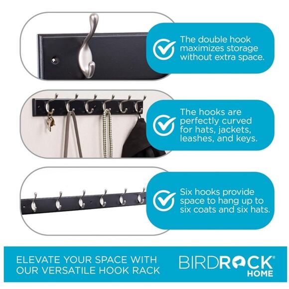 Wall Mount Oval Black Pine Wood Satin Nickel Hook Coat & Hat Rack 12 hooks Set 2 - Picture 6 of 8